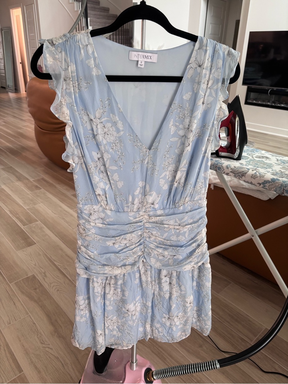 INTERMIX Light Blue Floral V-Neck Ruffled Waist Dress